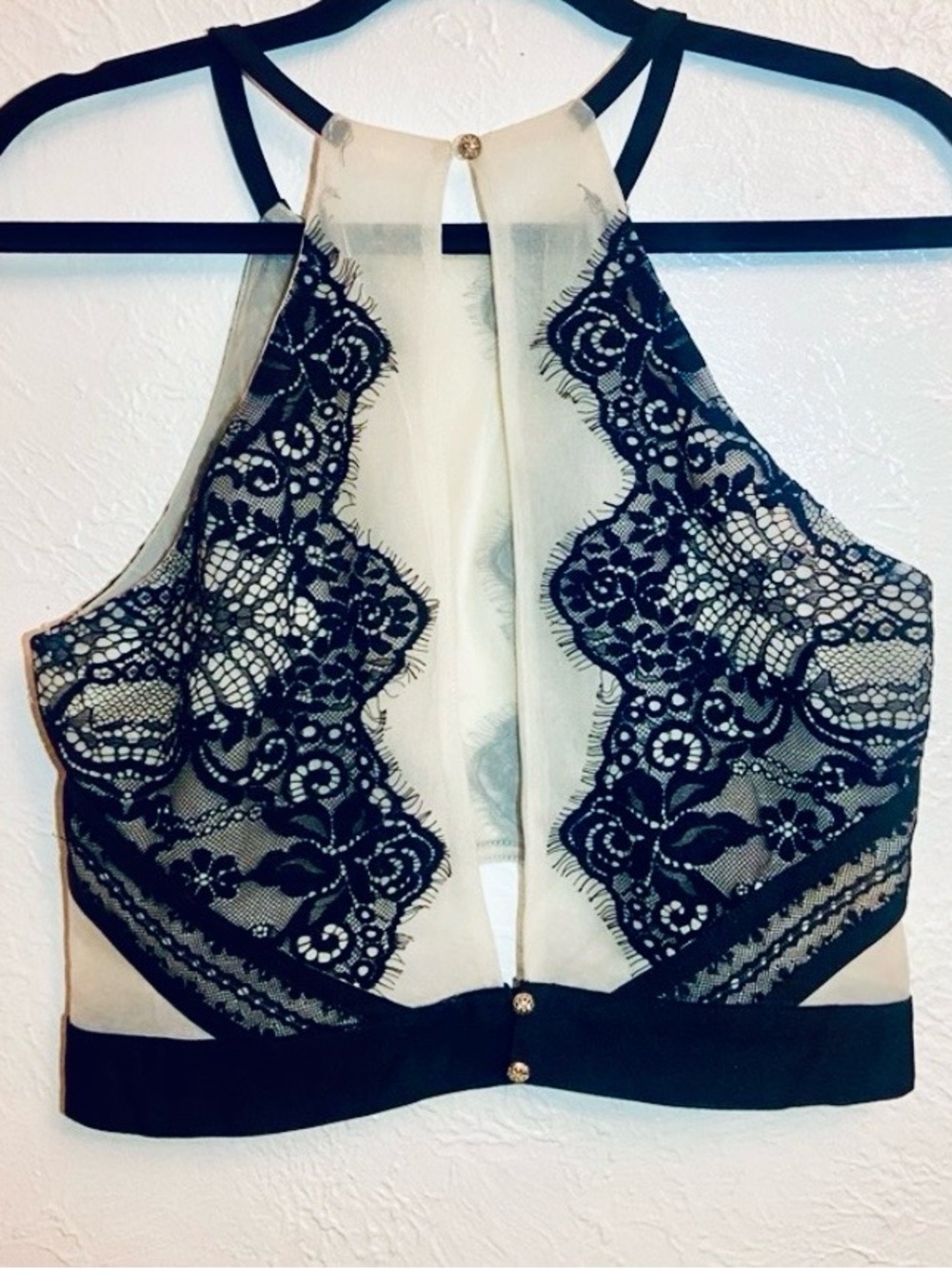Nude Mesh Halter Crop Top with Black Lace Overlay Sexy Women’s Size Medium